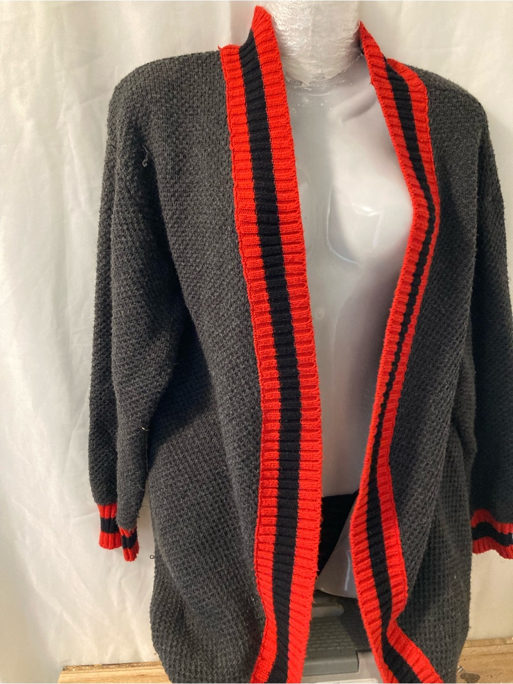 Hyba Charcoal Open Front Knit Cardigan Red Black Trim Size TP/XS